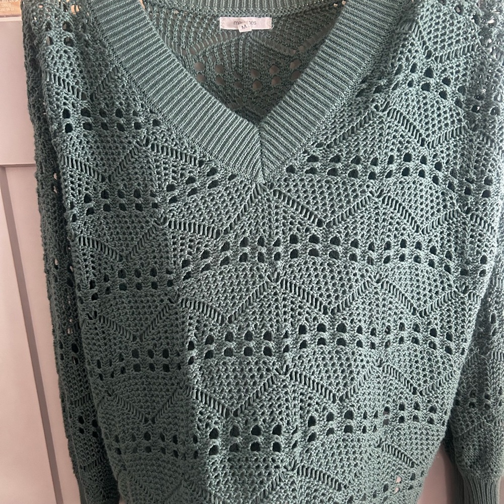 V-Neck Open Knit Sweater in Sage Green